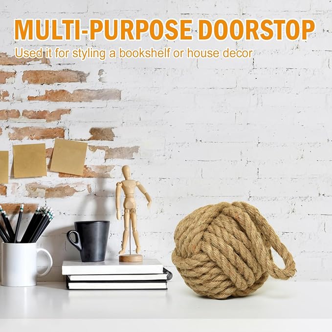 Decorative Door Stoppers Rope Knot Nautical Weighted Decorative Door Stop, Heavy Duty Doorstopper Cute Doorstop for Window Wedge, Bookend 5.9 inch (Natural Jute)