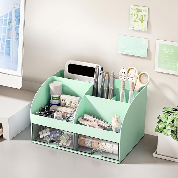 Desk Organizer with 6 Compartments and 2 Drawers, Plastic Makeup Organizer, Pen Holder for Desktop Storage, Desk Organization for School, Home, Office Supplies (Mint Green)