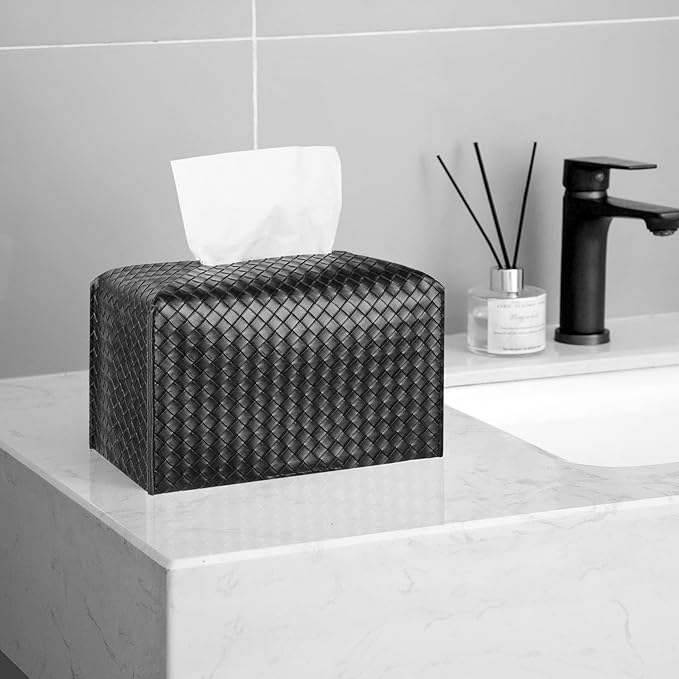 Tissue Box Cover PU Leather Tissue Holder Square Facial Tissue Case Facial Paper Organizer Dispenser for Bathroom, Vanity Countertop, Tabletop, Car, Rectangle, Black