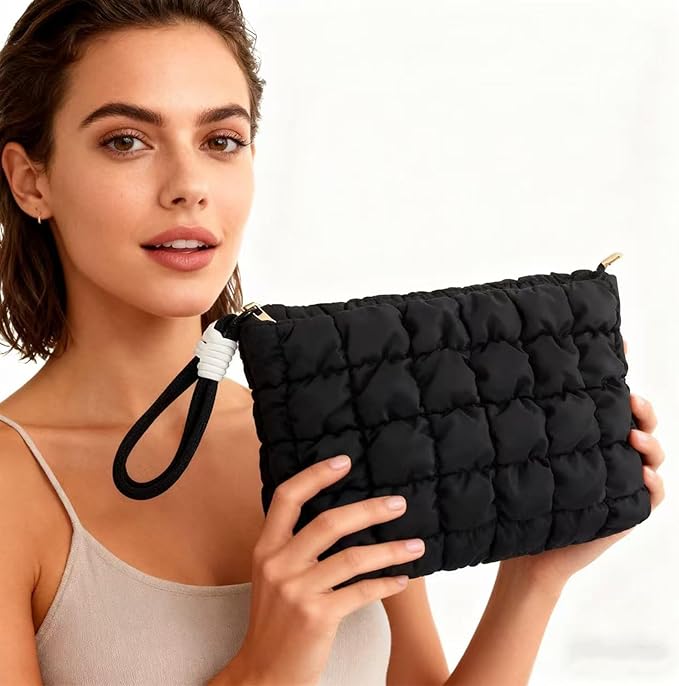 Puffy Quilted Makeup Bag Cosmetic Bag Equipped with a Detachable Handle Cute Zipper Pouch for Storage Clutch for Women (Black)