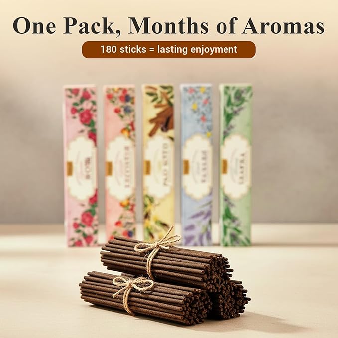 Tulasi Incense Sticks Set of 12 Scents (180 Sticks) Variety Natural Fragrances - Lavender, White Sage, Patchouli, Rose, Chakra, Mantra, Sandalwood, Palo Santo, Fruit for Positive Vibes, Thanks Giving