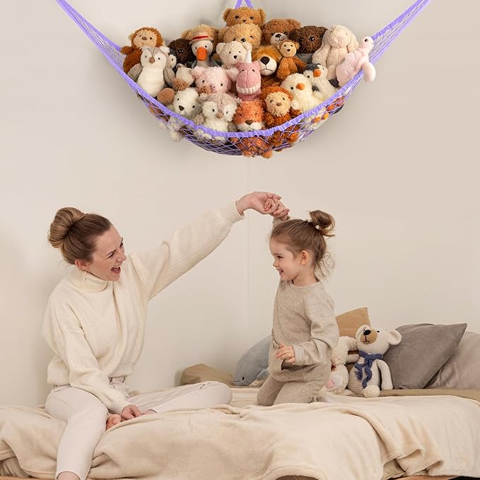 Stuffed Animal Storage Hammock Net Corner - Large Toy Hammock Net for Stuffed Animals Room Decor - Cute Stuff Animal Organizer Holder for Plush Plushie - Kids Baby Nursery Wall Bedroom Home Decor