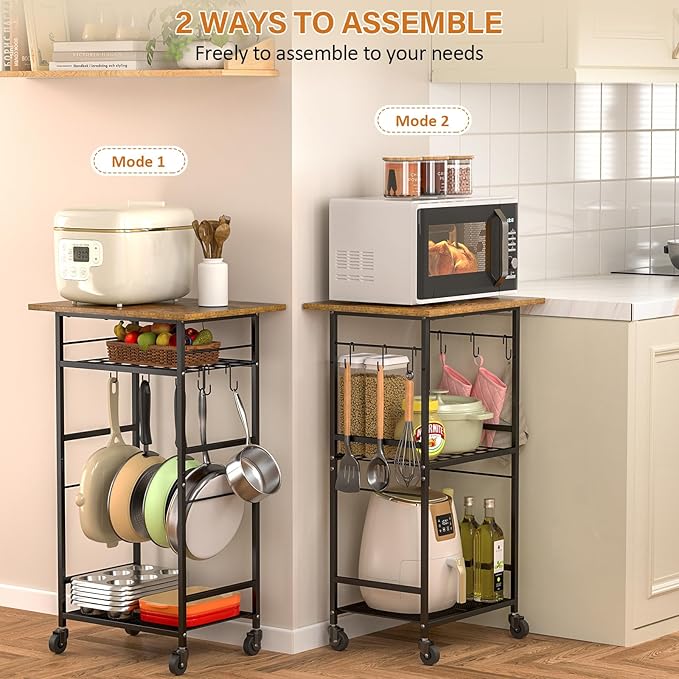 ThreeHio Rolling Kitchen Microwave Cart, 3 Tier Microwave Table Stand with Adjustable Shelf, Kitchen Storage Rack on Wheels, Coffee Station Cart Rack Shelf Organizer for Living Room Office, Balcony