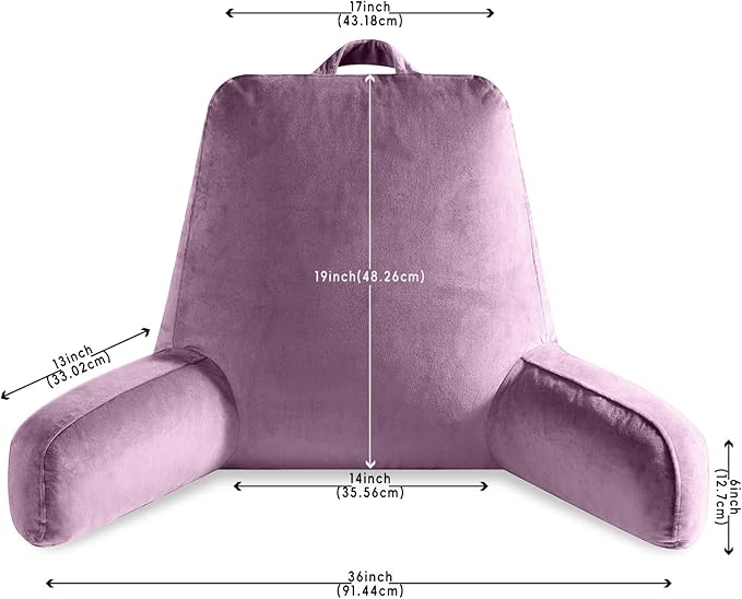 Reading Pillow for Sitting in Bed Adult, Reading Pillow with Shredded Memory Foam, Bed Pillow with Washable Cover, Back Pillow Sitting Up with Extend Arms, Purple, X-Large