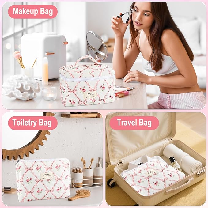2Pcs Cotton Quilted Makeup Bag for Women Girls, Large Small Travel Floral Cosmetic Bags Set, Cute Coquette Pink Makeup Pouch for Purse, Aesthetic Cloth Flower Storage Toiletry Bag Organizer