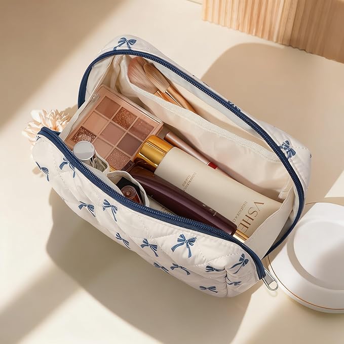 TOPEAST Travel Makeup for Women Girl, 3Pcs Large Cute Quilted Makeup Bag Organizer for Purse, Portable Big Cosmetic Brush Pouch with Zipper Compartment, Blue Bow