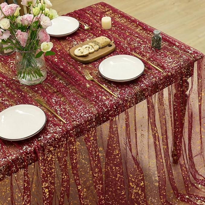 Horaldaily Burgundy Gold Gauze Tablecloth 60x120 Inch Rectangular, Golden Sequin Glitter Metallic Foil, Sheer Tulle Cheesecloth for Wedding Baby Shower Ceremony Birthday