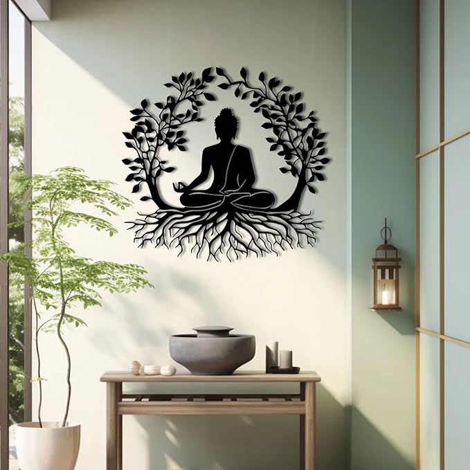 ENJOYOO Tree of Life and Buddha Metal Wall Decor, Tree of Life Wall Art, Buddha Metal Wall Art for Living Room, Bedroom, Outdoor (Black, 31×30in/80×75cm, metal wall art)