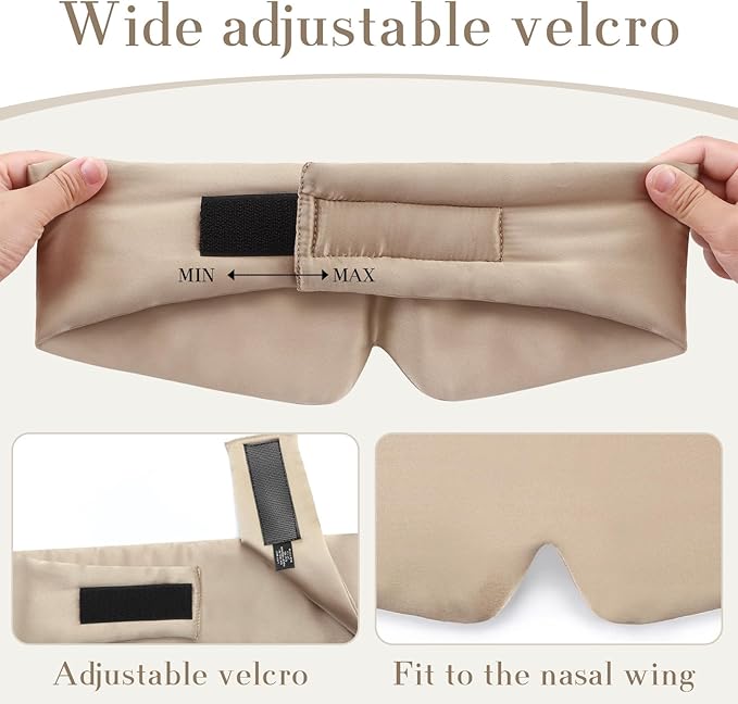 100% Mulberry Silk Sleep Mask Eye Mask for Women Man with Adjustable Band, for Side Sleeper Blackout Sleep Mask for Travel Rest and Office Large Size (Taupe)