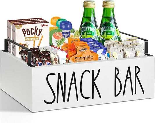 Snack Organizer for Countertop, Wood Pantry Storage Bins with Handles, Snack Bar Organizer for Pantry Shelf, Kitchen, 4 Compartment Food Container Snack Box, Pantry Organizer for Snacks, Chips(White)