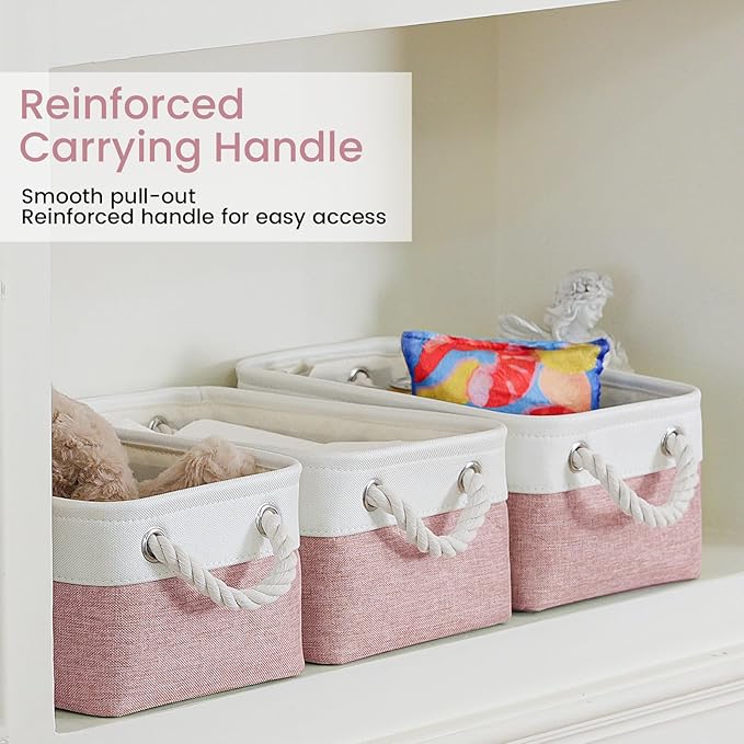 VQRTEXA Storage Baskets for Shelves 11.8x7.9x5.2 Inch, Foldable Fabric Storage Bins with Handles, Small Storage Baskets for Organizing Closet, Bathroom, Office, Home Organization (3-Pack, White&Pink)
