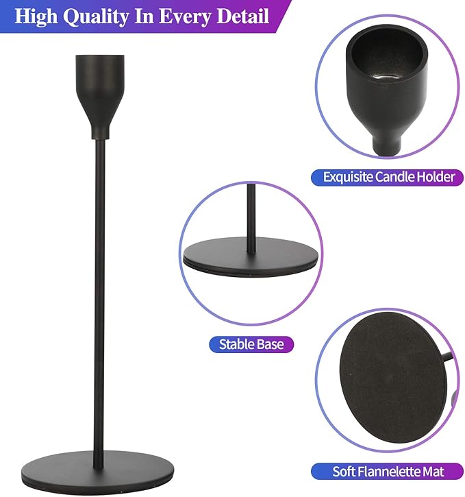 Set of 3 Black Candlestick Holders - Decorative Taper Candle Holders for Home Decor, Wedding, Dining, Party, Anniversary