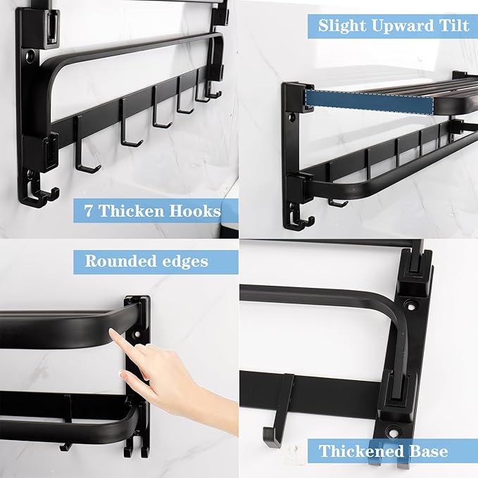 Towel Racks for Bathroom, Foldable Towel Shelf with Towel Bar & 7 Towel Hooks, Rustproof Double Bath Towel Holder Wall Mounted Towel Storage Hanger for Bathroom/Balcony/Lavatory(24In Black)