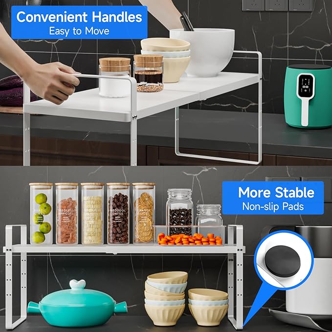 KIKIBRO Expandable Cabinet Shelf Organizer, Stackable Kitchen Pantry Counter Storage, Adjustable Closet Cupboard Stand Rack Risers, Spice Organization, 80LBS Heavy Duty, White, Large, 2 Pack