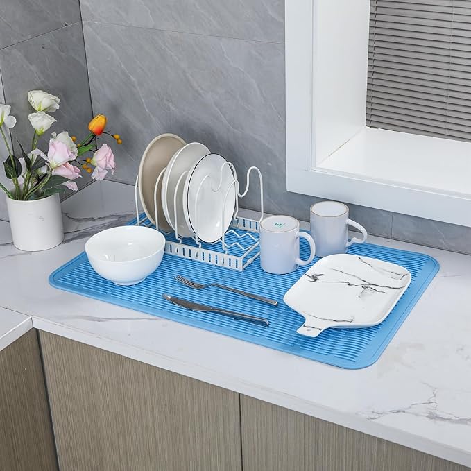 MicoYang Silicone Dish Drying Mat for Multiple Usage,Easy clean,Eco-friendly,Heat-resistant Silicone Mat for Kitchen Counter or Sink,Refrigerator or Drawer Liner Light Blue 4XL 32 inches x 18 inches