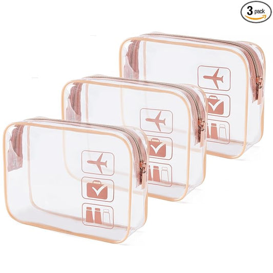 MODENGKONGJIAN TSA Approved Toiletry Bag, 3 Pcs Clear Toiletries Bags Quart Size Travel Makeup Cosmetic Bag for Women Men, Carry on Airport Airline Compliant Bag (Rose Gold)