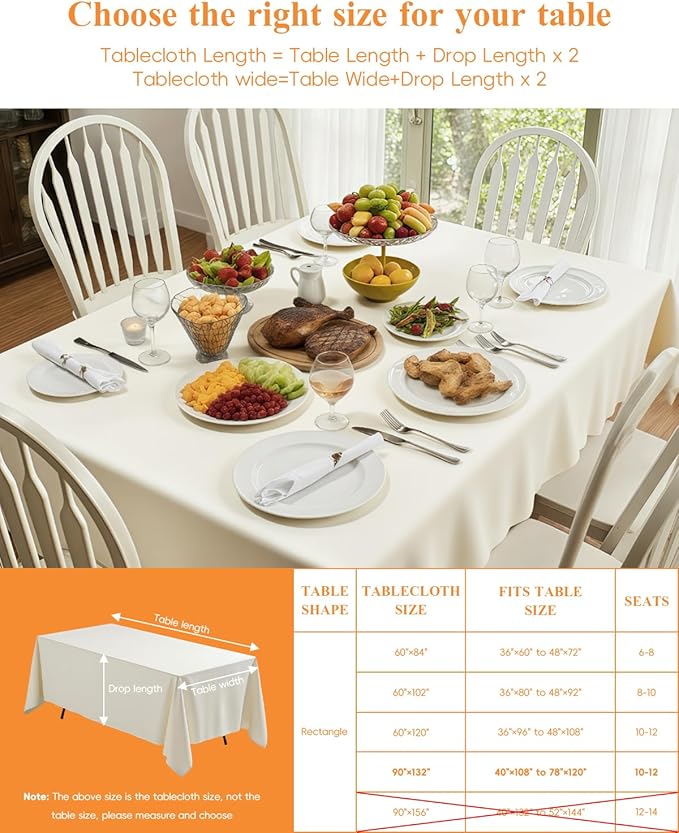 Goodluck 6 Pack Ivory Tablecloth 90 x 132 Inch – Rectangular Polyester Table Cloth, 6-8 Ft Tables – Reusable, Machine Washable Cover for Wedding, Birthday, Party Banquet and Event Decoration