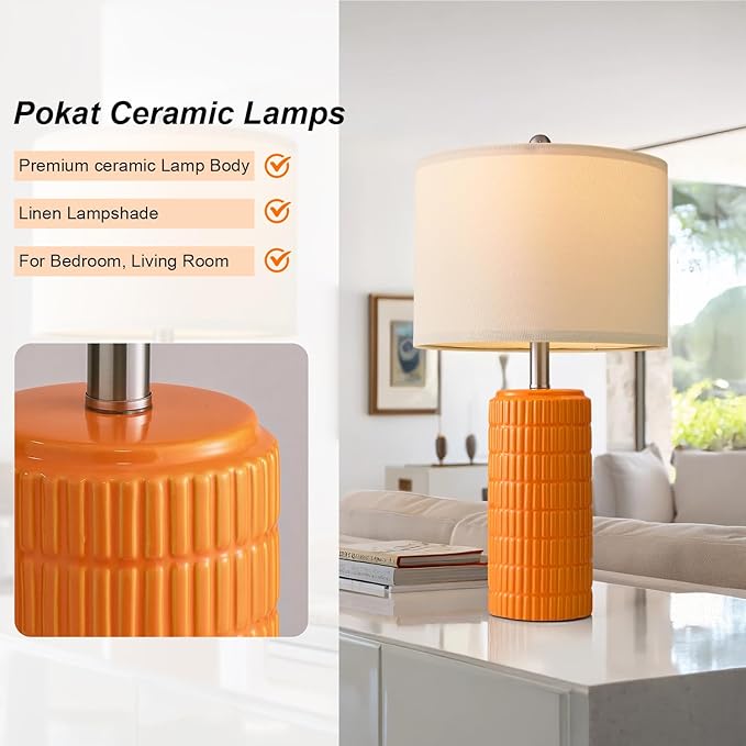 PoKat 23" Orange Table Lamps Decor for Living Room Set of 2, Modern Living Room Lamps for End Table, Ceramic Table Lamps for Bedroom, Contemporary Nightstand Lamps for Home Bedroom Decor