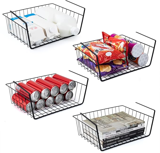 ELEATTRUN Undershelf Storage Basket Under Shelf Wire Basket Household Metal Under Shelf Hanging Storage Bin Basket Slides Under Shelves for Storage Space Saving for Kitchen Pantry Bookshelf 4 PCS