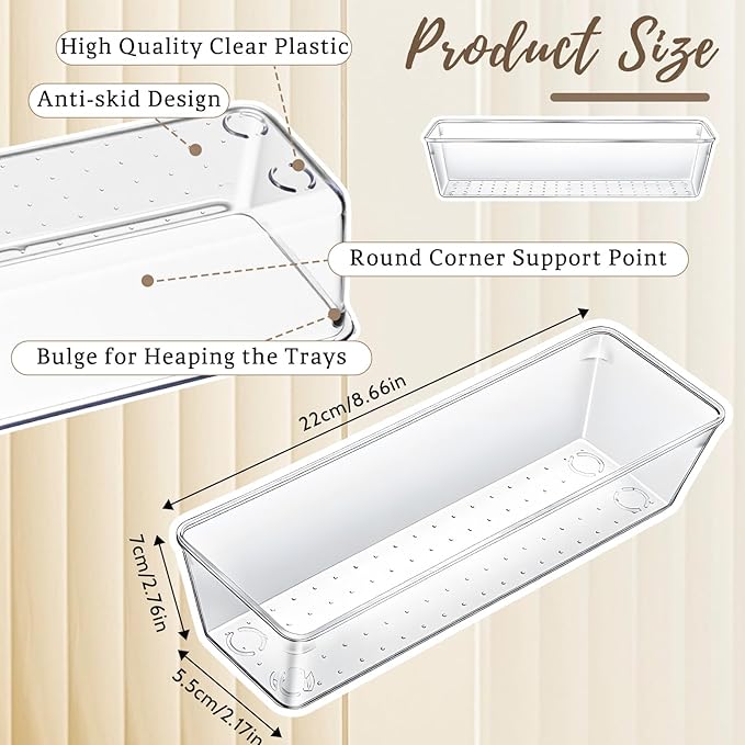 12 PCS Drawer Organizers Clear Plastic Vanity Drawer Dividers Kitchen Silverware Utensil Storage Desk Storage Tray for Bathroom Bedroom Office Makeup Jewelry 9 x 3 x 2 Inches