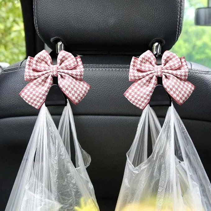 Mandark 2PCS Car Seat Headrest Hooks, Cute Bow Vehicle Hooks for Purses and Bags, Automotive Purse Hook Hanger Interior Decoration Accessories, Universal for SUV, Sedan, Truck (Pink/White)