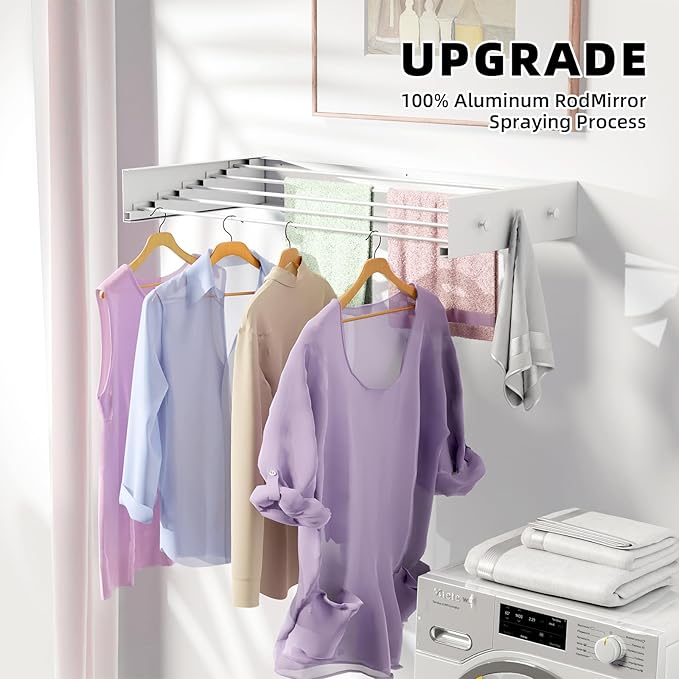 Upgrade Laundry Drying Rack, 31.5" Drying Rack Clothing Wall Mounted,Foldable, 5 Aluminum Rods with 6 Hooks, Space-Saving White Collapsible Drying Racks Hanger for Laundry Bathroom