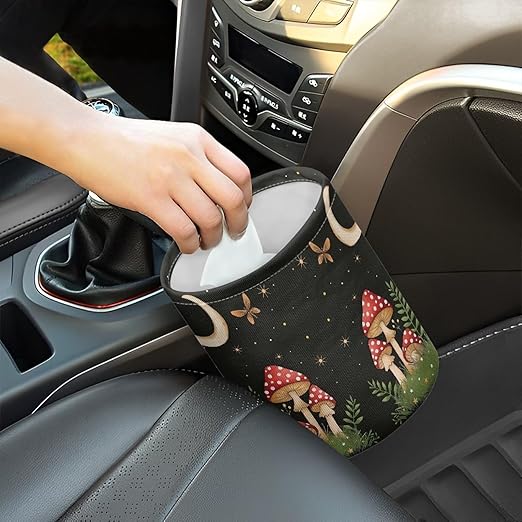Panskyllis Cute Mushroom Moon Auto Garbage Bag Trash Can Leak Proof Waste Basket Container Bag Bin Hanging Cup Holder Organizer with Strap Mini Car Interior Accessories for Auto, Camping, Travelling