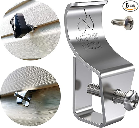 NACETURE Vinyl Siding Hooks - Vinyl Siding Clips for Hanging Outdoor Decorations for Patio for Mount Home Security Camera Porch Décor (Sliver 6 Pack)