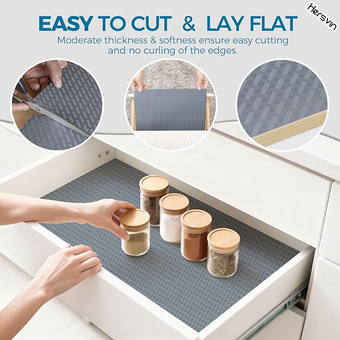 Hersvin Shelf Liners 12 in x 20 ft EVA Drawer Mats, Non-Adhesive Cupboard Pad, Kitchen Cabinet Lining Fridge Cushion (Gray Crossed Stripe, 30.5x610cm)