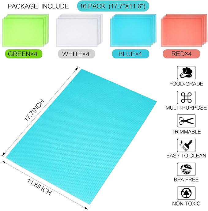 16 Pcs Refrigerator Liners Mats Washable, Refrigerator Mats Liner Waterproof Oilproof, Shinywear Fridge Liners for Shelves, Cover Pads for Freezer Glass Shelf Cupboard Cabinet Drawer (4 Color Mixed)