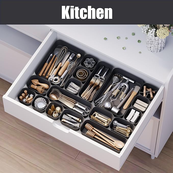 Homhut Plastic Drawer Organizers, 28 PCS Drawer Organizer Bins, Bathroom and Vanity Organizer Plastic Tray, Makeup Organizer and Storage for Makeup, Bedroom, Kitchen Gadgets Utensils, and Office