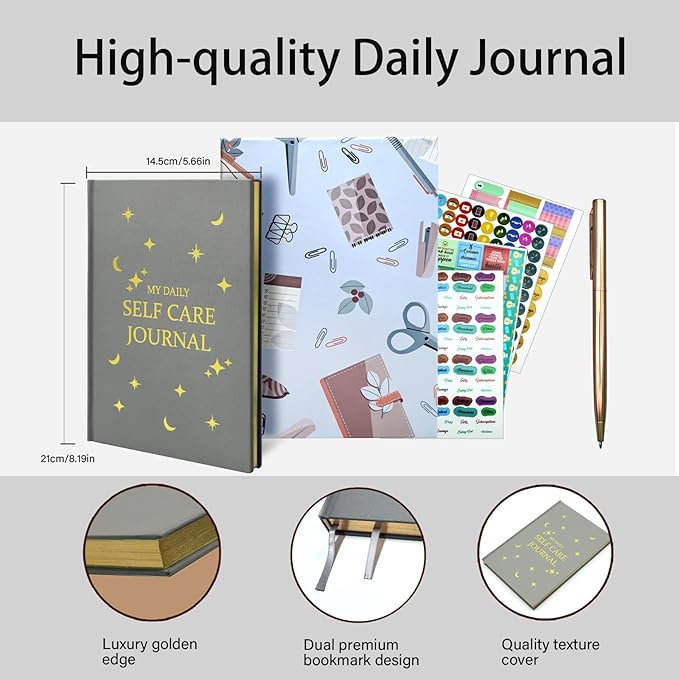 Gratitude Journal with 6 Inspirational Stickers and Pencil, Daily Reflection Journal for More Happiness, Mindfulness & Affirmation, Self Care Journals for Women & Men,Grey