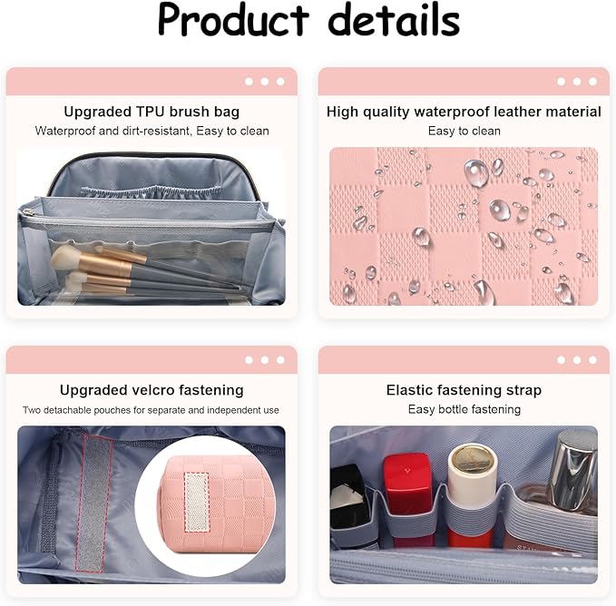 BOYATU Travel Makeup Bag Organizer Cosmetic Bag: 3 Pcs Set Make up Bags for Women with Handle - Waterproof Vegan Leather Toiletry Bags Travel Essentials Pouch with Compartments (01-D-Pink)