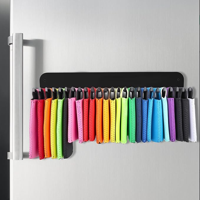 Can Cooler Sleeves Holder Magnetic for Fridge, Beer Sleeves Dispenser Organizer for Storage w/ 25 Hooks, with Screws for Wall Mounted, for Holidays Wedding Party