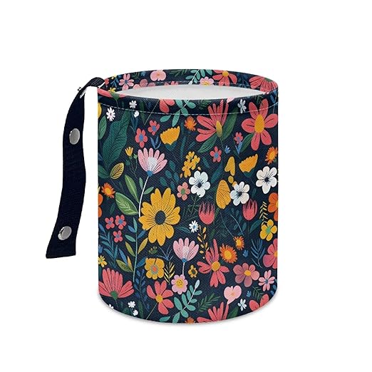 Panskyllis Colorful Flowers Car Garbage Trash Can Collapsible Trash Rubbish Bin Basket Bag Portable Cup Holder Organizer with Strap Universal Storage Bag Box for Front Seat, Back Seat, Headrest