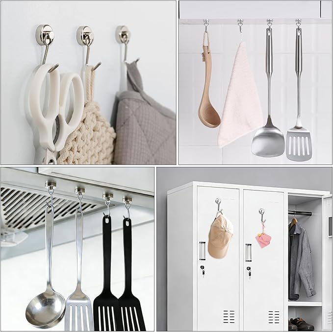 E BAVITE Swivel Swing Magnetic Hooks, Strong Neodymium Rare Earth Magnet Hook Perfect for Refrigerator and Other Magnets Surfaces, Pack of 3,Silver