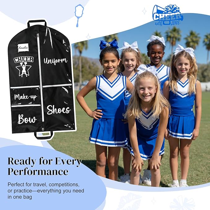 DEEKA Cheer Garment Bag for Hanging Clothes with Zipper Pockets Cheer Accessories Mom Essentials Uniform Costume 40 Inch Black Bags Stuff for Cheerleading Girls (Black,White-Cheer Star Logo)
