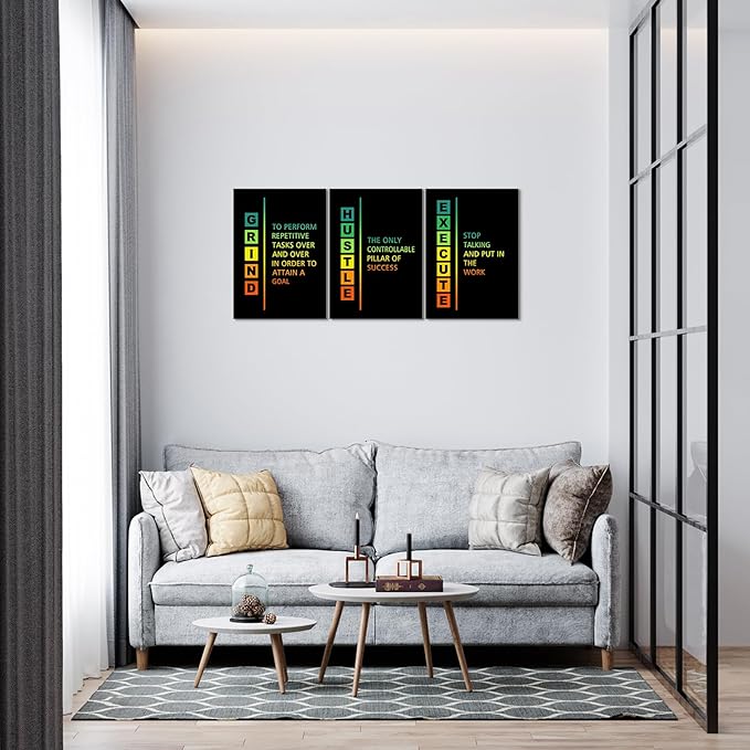KAWAHONE Motivational Canvas Wall Art, Hustle Grind Execute Wall Art Decor, Black and White Positive Motivational Poster Framed Inspirational Entrepreneurs Painting Prints Quotes Poster for Office Workplace