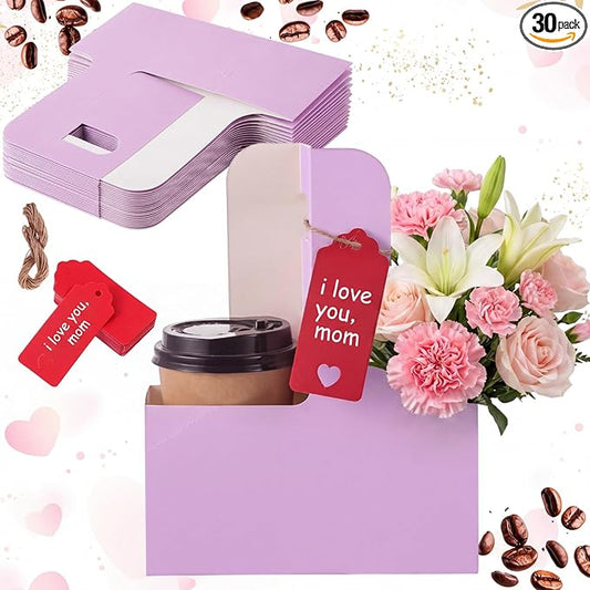 MotiMind 30 Pack Mother's Day 2 Cup Drink Carrier with Handle, Kraft Paperboard Teacher Cup Holder Portable for Hot Cold Drinks, Coffee Carrier Gift with Heart Card Rope (Light Purple)