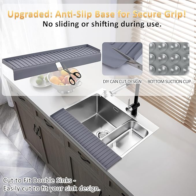 AyNirser Sink Edge Protector with Suction Cup 4"x14", Silicone Sink Splash Guard for Kitchen & Bathroom, Protect Countertop from Scratches, Stains, for Stainless Steel Granite Quartz-Grey