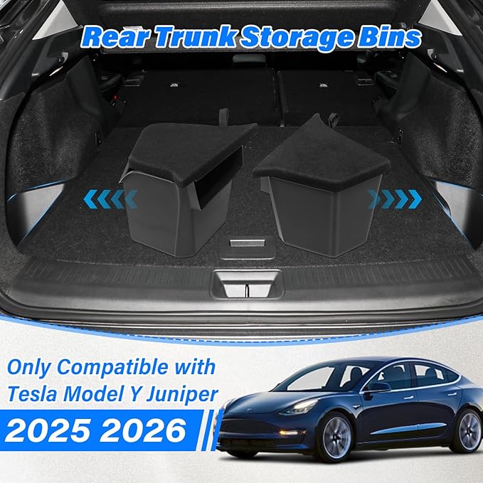 SAMSUWVA Trunk Storage Bins Trunk Organizer for 2025 2026 Tesla Model Y Juniper 5-Seater, 2PCS Large-Capacity Rear Side Storage Boxes with Carpeted Lid for Model Y Juniper Interior Accessories