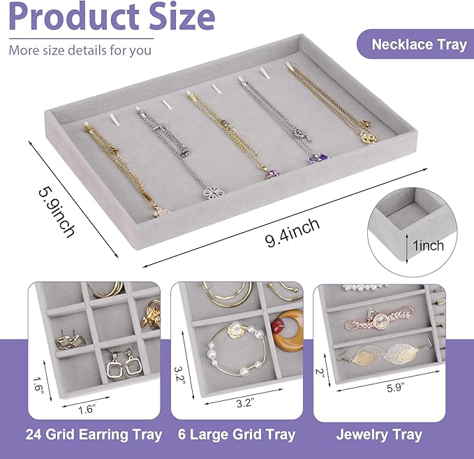 Cirhy 4 Stackable Jewelry Trays Organizer Set for Drawer, Jewelry Organizers and Display Case Storage, Velvet Drawer Inserts Organizer for Necklace Bracelets Earrings Organizer, Gift For Her, Grey