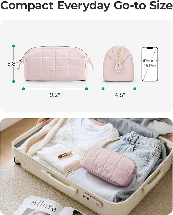 BAGSMART Makeup Bag Travel Toiletry Bag, Puffy Padded Makeup Bags for Women Makeup Organizer Case, Wide-open Pouch Purse Travel Essentials Toiletries Accessories Brushes, Black