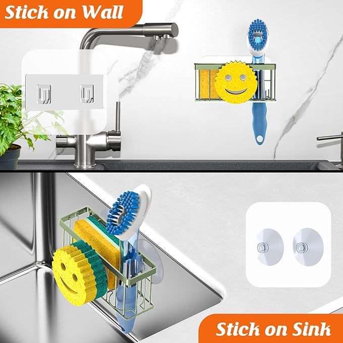 Sponge Holder Smiley Face, Sink Caddy, Sink Organizer with 2 Suction Cups/1 Adhesive Strips, Designed for Sponge, Soap, Dish Brush, Scrubber - Green