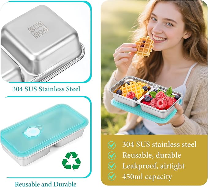 6 Pack Stainless Steel Snack Containers Reusable with Lid, Grab and Go 2 Compartment Snack Food Storage Containers for School Travel and Outdoor Camping Dishwasher Safe