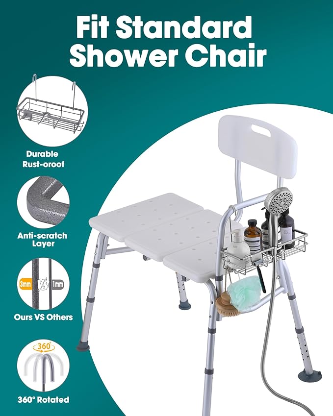 OrgCreator Rustproof Hanging Shower Caddy for Shower Chair, Stainless Steel Bathroom Basket for Bath Chair Bench,Showers Caddy Chair, Shampoo Bottle Holder for Elderly, Pregnant, Handicap, Patient