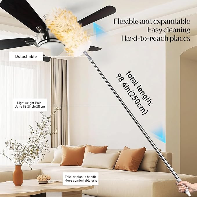iHUFeather Lambswool Duster for Cleaning with Non-Slip Handle 98.4" Removable Retractable Feather Duster for Cleaning Ceiling Fans Window Blinds Interior Roof Furniture (1PCS)