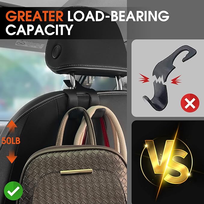 LANVRION Car Headrest Hooks for Purses and Bags, Upgraded 2 in 1 Cars Back Seat Head Rest Hanger Vehicle Leather Organizer Storage Holder Hook Matching Cars Interior, 1-Pack, Brown