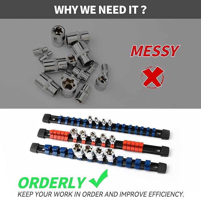 18-Piece Socket Organizer Set - 1/4-Inch x 96 Clips, 3/8-Inch x 90 Clips, 1/2-Inch x 72 Clips, Heavy Duty ABS Socket Holder, Premium Quality Socket Clip Rail Holder for Tool Box Drawer