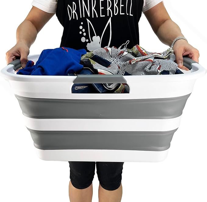 SAMMART 30L (8 gallons) Collapsible Plastic Laundry Washing Tub/Basket - Portable Laundry Hamper/Storage Container Foldable Laundry Basket - Space Saving (White/Steel Grey)